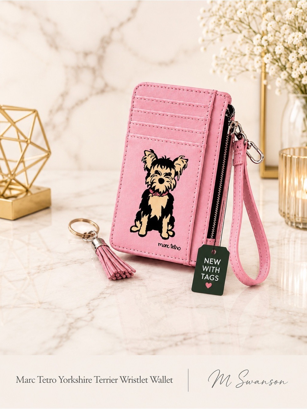 NEW Marc Tetro Yorkie Pink Wristlet Wallet Card Holder NWT